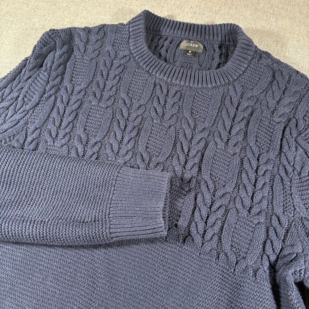 J.Crew‎ Cable Knit Sweater Mens Medium Navy Mixed Stitch Cotton AU856 HO20